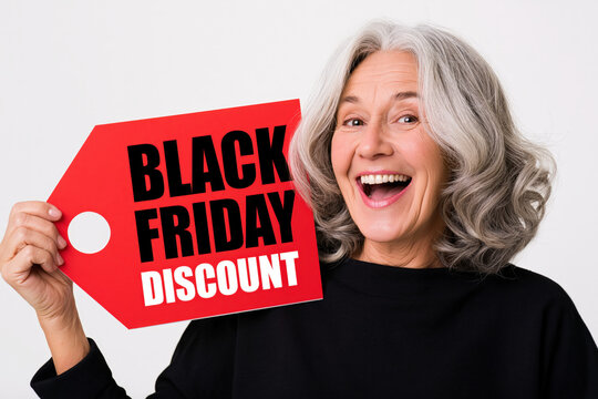 A smiling, mature woman enthusiastically presents a Black Friday Discount tag, her joy radiating as she anticipates the shopping event.