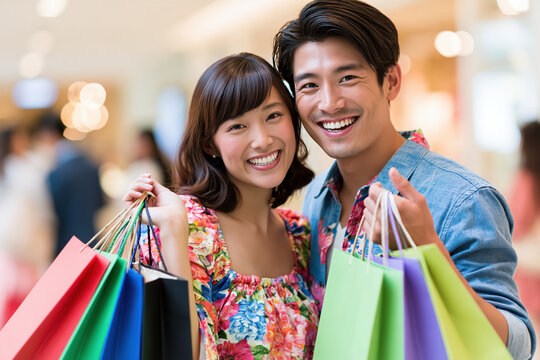 A joyful Asian couple smiles brightly, surrounded by colorful shopping bags, embodying a lifestyle of leisure and consumerism.