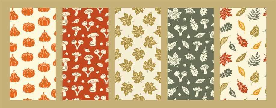 Set of trendy fall hand drawn seamless pattern with cut out silhouette fall leaves, pumpkins, mushroom, berry, leaf oak, maple. Autumn vintage print. Forest nature background. Vector illustration.