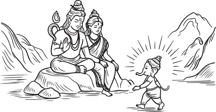 Line Art Illustration of Lord Shiva Family in Himalayas