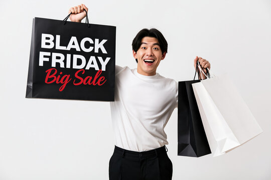 A happy Asian man excitedly shows off shopping bags for Black Friday, with a big sale advertised on the largest bag.