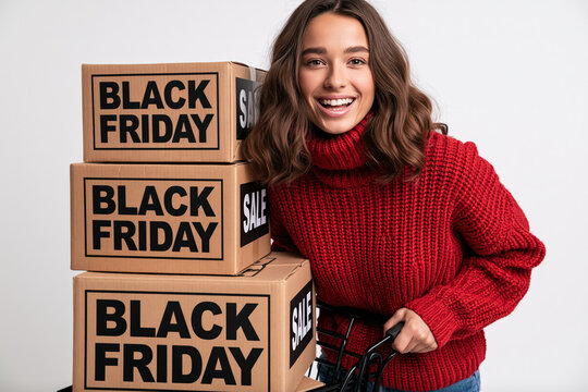 Excited young woman with a cheerful expression, wearing a warm red sweater, stands beside a stack of boxes labeled Black Friday Sale, ready for shopping.