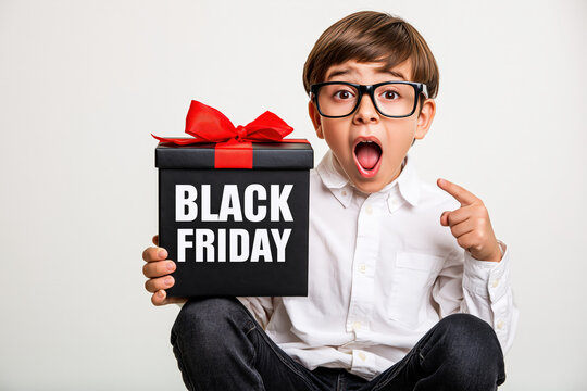 Shocked boy with glasses holds a black gift box with Black Friday written on it, pointing at the box with his finger, expressing surprise.