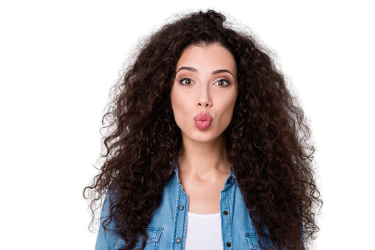 Close-up portrait of her she nice cute charming winsome attractive fascinating lovable lovely cheerful wavy-haired girl sending kiss isolated over gray pastel background