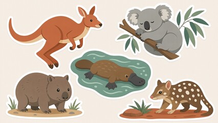 Obraz premium Australian animal sticker set, cute cartoon kangaroo, koala, wombat, platypus, and quoll illustrations, flat vector wildlife collection on beige background