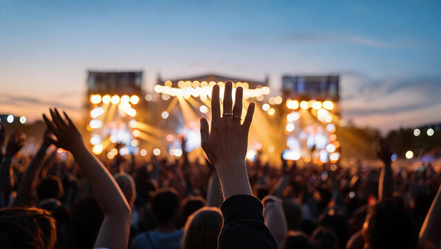 A crowd of festival goers raising their hands, enjoying an outdoor evening concert at dusk, with bright stage lights.