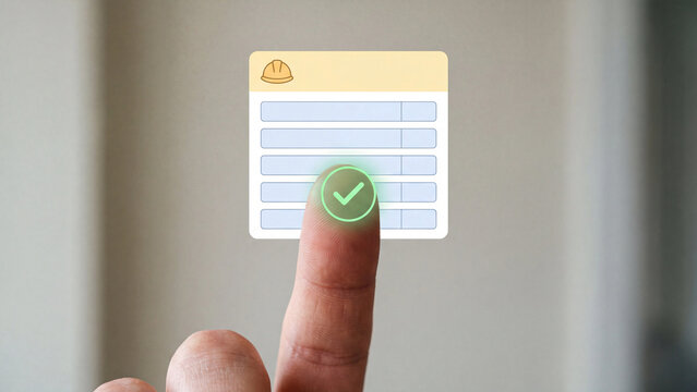 Construction safety inspection and compliance checklist approval concept. Finger touching virtual digital form with hard hat icon and green check mark for site audit and quality control