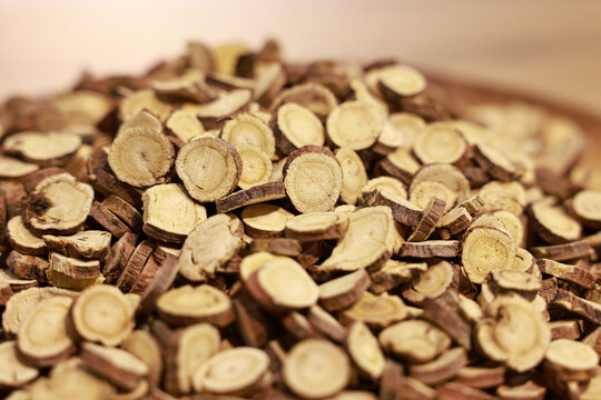 Pile of dried astragalus root slices