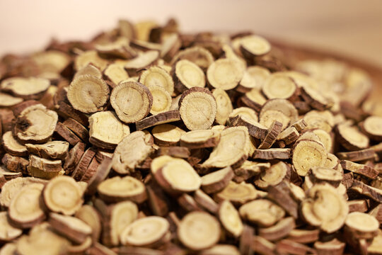 Dried Astragalus Root Slices Piled Together