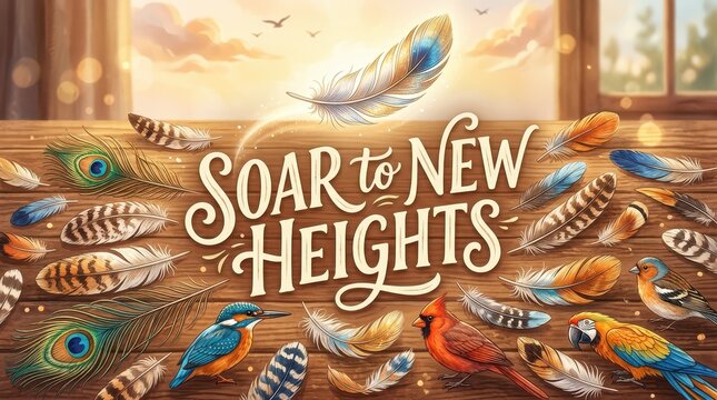 Soar to New Heights: Collection of colorful feathers and birds on a wooden surface with soft light, inspiring hope and freedom