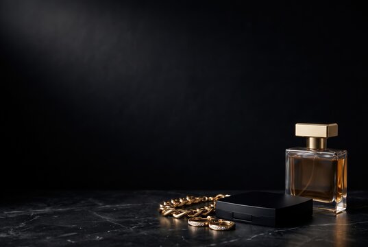 A perfume bottle, a jewelry chain, and a compact laid on a dark surface. The items are positioned to allow for blank space on one side, enhancing the focus on the products