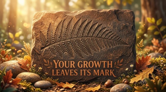 Stone monument with fern engraving and inspiring text 'Your Growth Leaves Its Mark' in a forest setting, autumn.