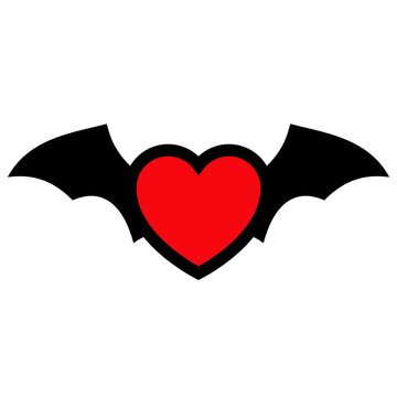 Logo para tarjetas y felicitaciones de Halloween. Icono con dibujo sencillo de la silueta de un coraz&oacute;n con alas de murci&eacute;lago 