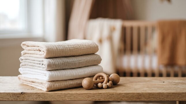 Stack of soft beige baby muslin swaddle blankets with a wooden rattle on a wooden table in a nursery