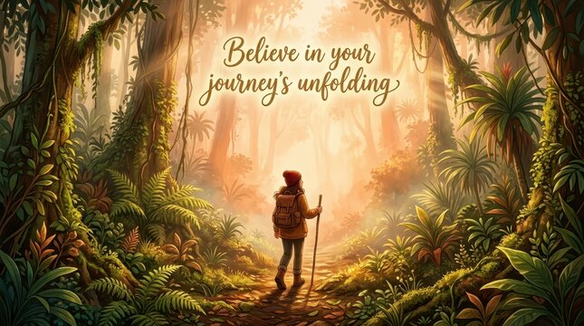 Solo hiker with backpack and walking stick on a path through a vibrant, sun-drenched jungle with lush foliage and inspiring quote