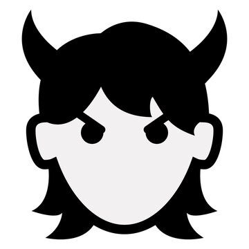 Logo con emoticono de cara de demonio para felicitaciones y tarjetas de Halloween. Icono con dibujo sencillo de la cabeza de un diablo chica como personaje emoji