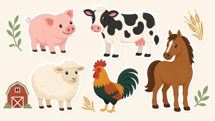 Fototapeta premium Cute farm animal sticker set, cartoon cow pig horse sheep rooster and barn illustrations, flat vector icons on beige background