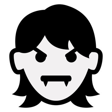 Logo con emoticono de vampiro para felicitaciones y tarjetas de Halloween. Icono con dibujo sencillo de la cabeza de una chica vampiro como personaje emoji