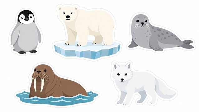 Arctic animal sticker set, polar bear on iceberg, penguin, seal, walrus, and arctic fox illustrations, flat vector design on white background
