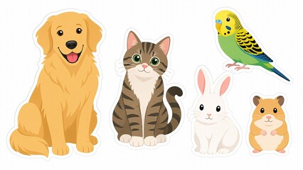 Fototapeta premium Domestic pets collection, cute golden retriever dog, tabby cat, white rabbit, hamster and parakeet bird, flat cartoon style stickers isolated on white background