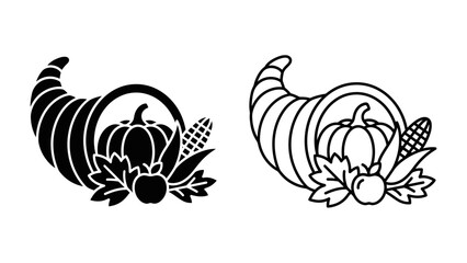 Fototapeta premium Harvest Cornucopia Icons: A black and white graphic depiction of a cornucopia, symbolizing abundance and the harvest, filled with seasonal produce like pumpkins, corn, and apples.