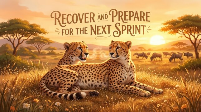 Two cheetahs resting in the African savanna at sunset, preparing for the next sprint, with wildebeests in the background.