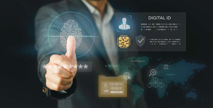 Businessman scanning fingerprint for digital ID concept. Biometric authentication, national digital identification, e-service access, security password, electronic card, and single sign on.