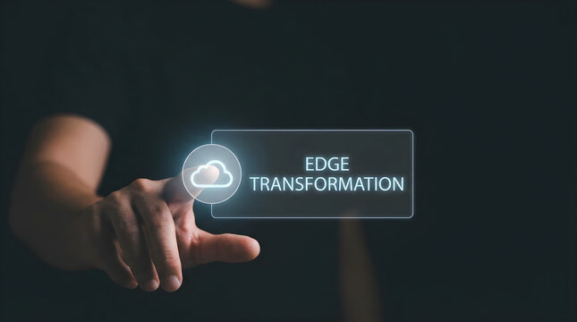 Person pressing a glowing edge transformation button on a digital interface against dark background