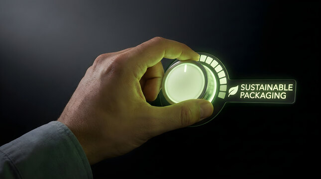 Person turning a glowing dial to the sustainable packaging setting on a dark background