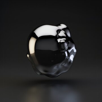 A single, amorphous, reflective metallic blob floats on a dark surface