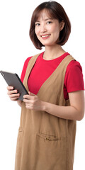 Asian woman smiling while holding tablet in brown apron and red shirt © Jirawatfoto