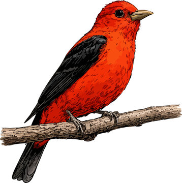 Red bird on a branch, Piranga olivacea illustration art
