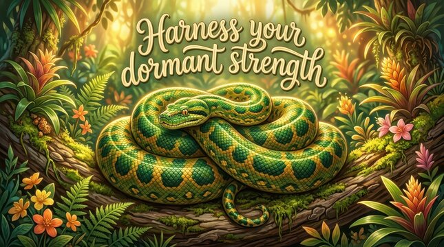Vibrant green python coiled on a mossy branch amidst a lush tropical jungle with radiant sunlight and inspirational text.