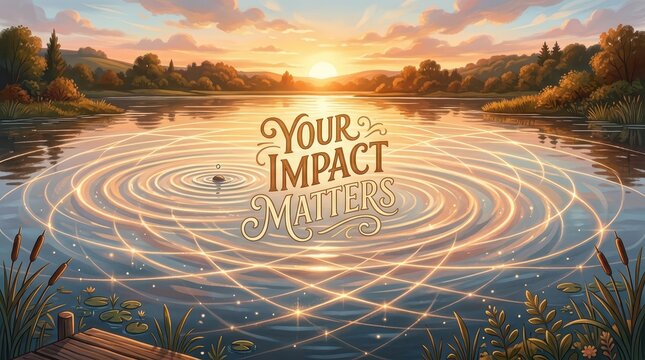 Sunset over a tranquil lake with ripples creating expanding circles, inspirational text 'Your Impact Matters' symbolizing influence and connection