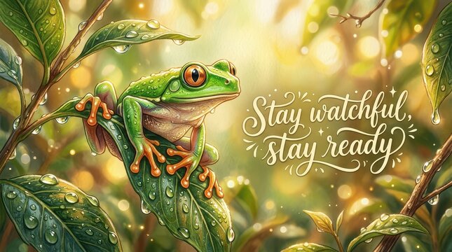 Vibrant Green Tree Frog with Orange Eyes Perched on Wet Leaf with Inspiring Quote