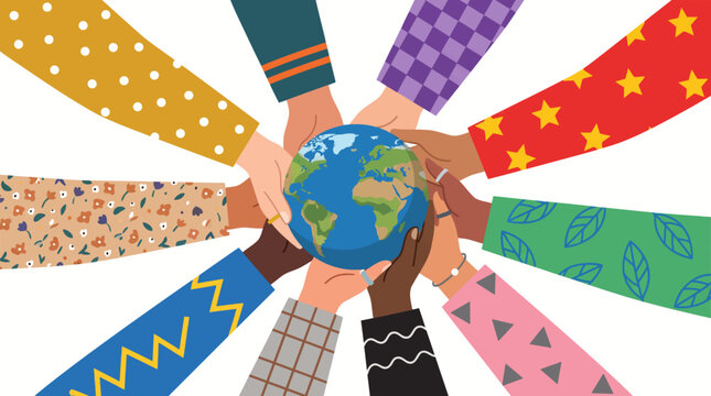 Diverse hands holding a globe together representing global unity and environmental protection
