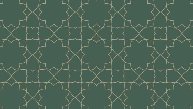 Green gold geometric quatrefoil lattice pattern with repeating ornamental motifs