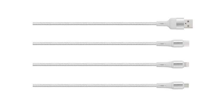 Silver braided USB charging cables set with type c, lightning, micro usb, and usb a plugs isolated on white background. Mobile device connectivity accessory asset for tech banner and store catalog
