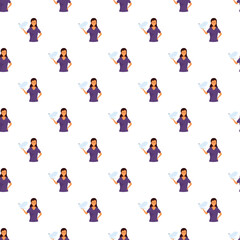Fototapeta premium Woman holding a white dove symbolizing peace, harmony, and unity, creating a repeating pattern