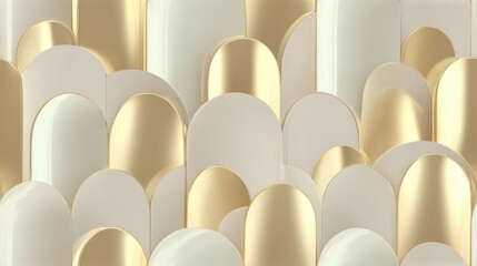 Fototapeta premium Seamless gold foil arches pattern with reflective metallic surfaces, minimalist art deco luxury design on soft beige background for modern home decor.