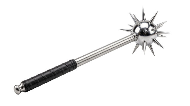 Medieval morning star mace with steel spikes, polished chrome flail weapon, historical knight bludgeon with black leather grip isolated PNG with Transparent Background