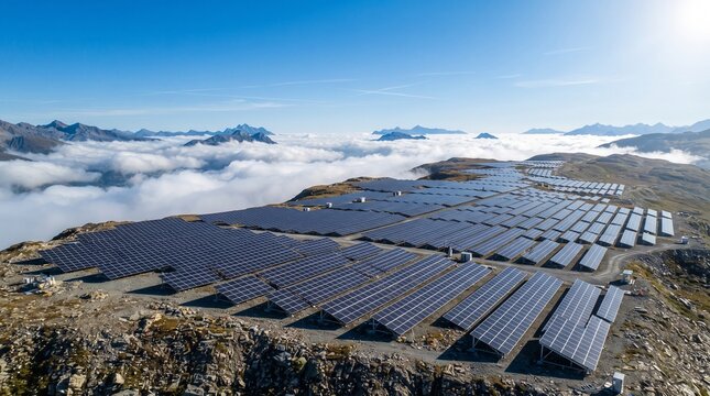 Solar panel array installed on mountain plateau above fog