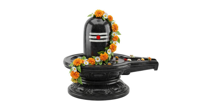 Sacred Shiva Lingam with orange marigold flowers, black stone Shivling for Hindu worship, spiritual Mahadev idol for puja isolated PNG with Transparent Background