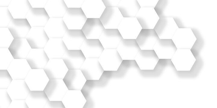 Minimal white hexagonal hexagon technology creative emboss light honeycomb polygonal web. abstract geometric science and mosaic template texture wallpaper.