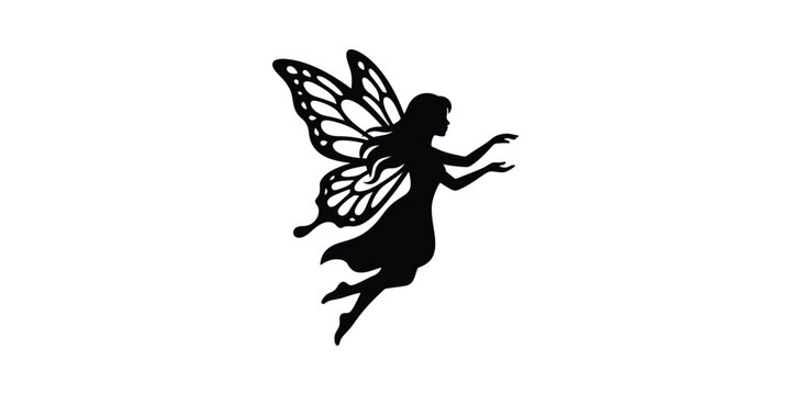 Black silhouette of a graceful fairy with butterfly wings flying.
