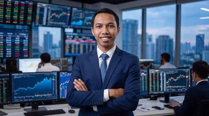 Fototapeta premium Happy young stock investor or trader, financial adviser analyzing financial trading crypto market advertising digital mobile exchange app investing finances funds