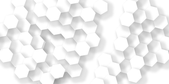 Minimal white hexagonal hexagon technology creative emboss light honeycomb polygonal web. abstract geometric science and mosaic template texture wallpaper.