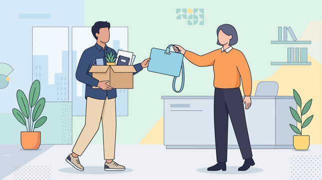 Employee Resignation Concept Illustration Man Leaving Office With Belongings Box
Handing Over Bag And Keys To Female Colleague During Job Offboarding Flat Design
Layoff Career Change Turnover Concept 