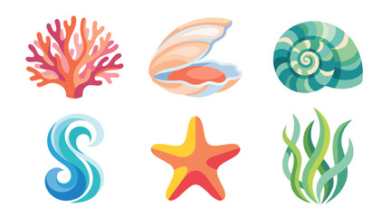Fototapeta premium Colorful marine life set featuring stylized coral seashell snail wave starfish and kelp vector illustration design