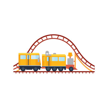 Yellow toy train moving on metal tracks under a high roller coaster loop in an amusement park isolated on transparent background, Vector